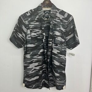 Drill Button Up Shirt Large Men Casual Short Sleeve Gray Camo Military